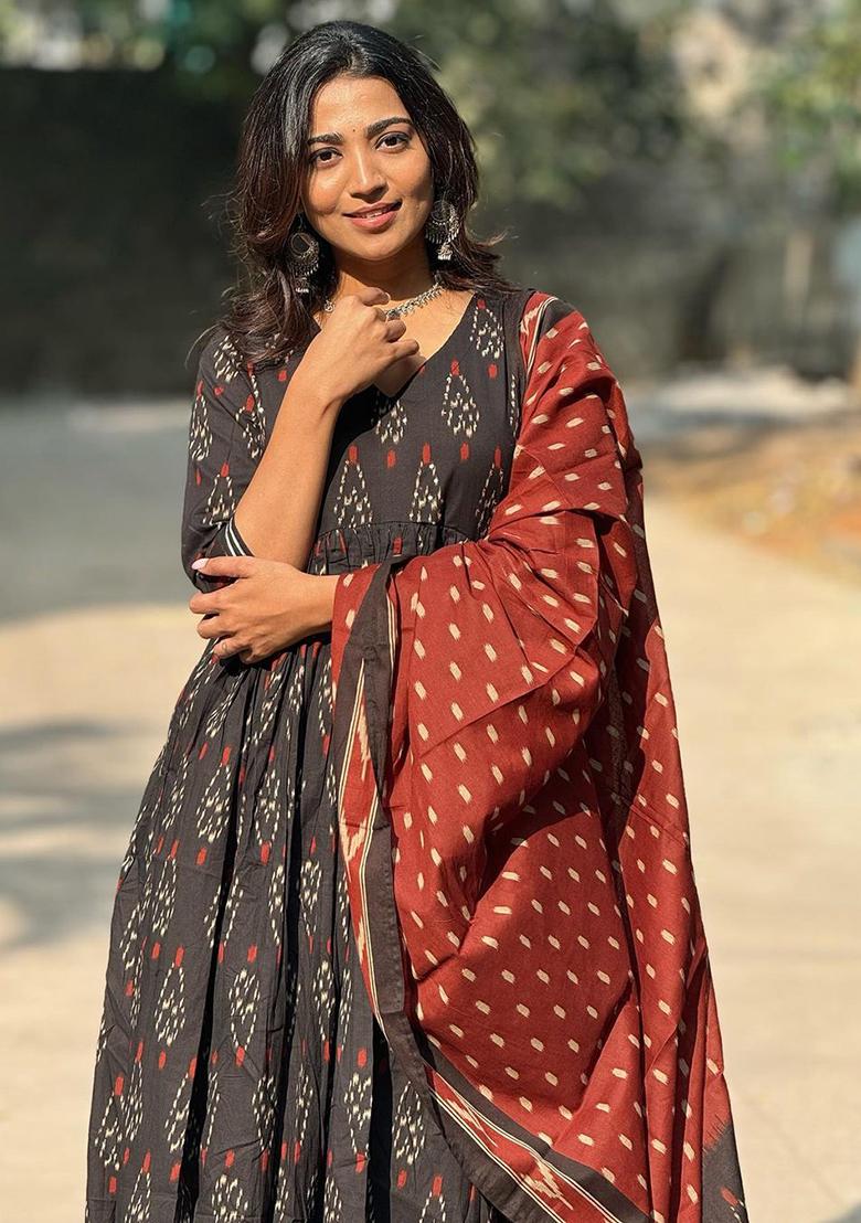 Black Printed Rayon Kurta Set
