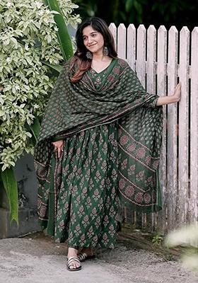 Green Printed Rayon Kurta Set