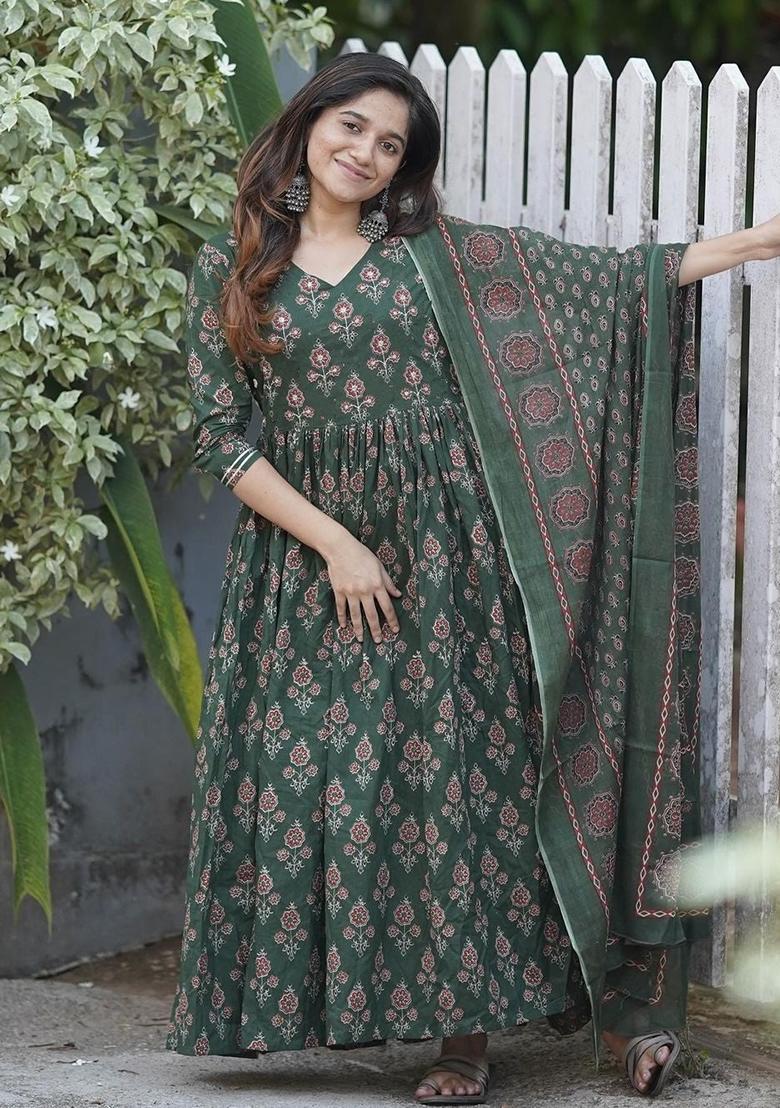 Green Printed Rayon Kurta Set