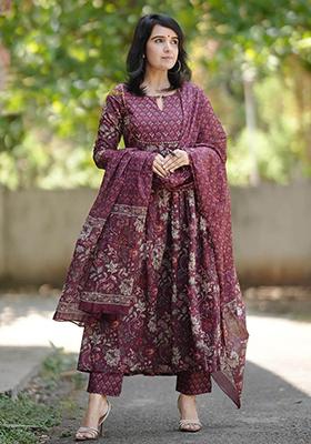 Purple Printed Rayon Kurta Set
