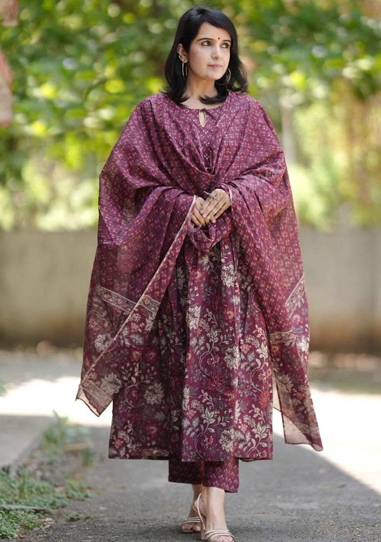 Purple Printed Rayon Kurta Set