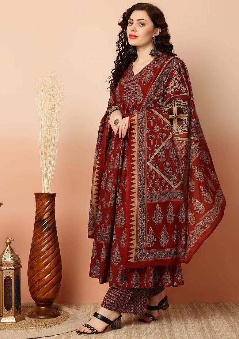 Maroon Printed Rayon Kurta Set