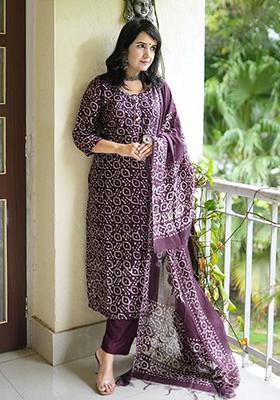 Purple Printed Rayon Kurta Set
