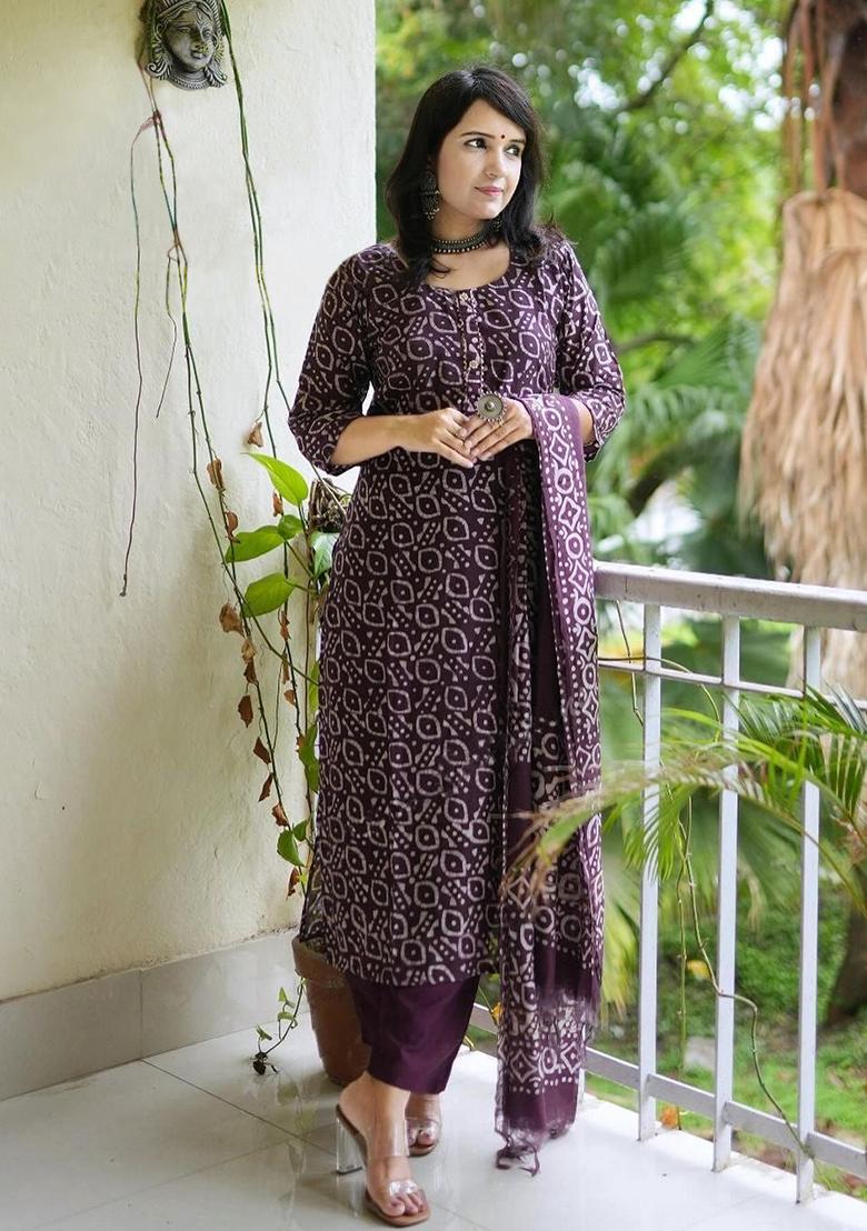 Purple Printed Rayon Kurta Set