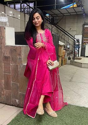 Pink Embroidered Chanderi Kurta Set