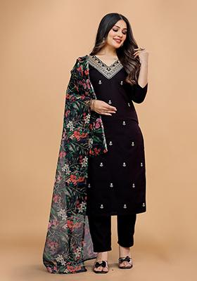 Black Embroidered Cotton Kurta Set
