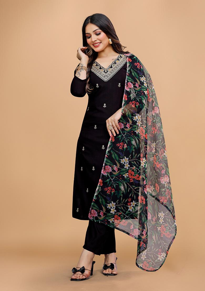 Black Embroidered Cotton Kurta Set
