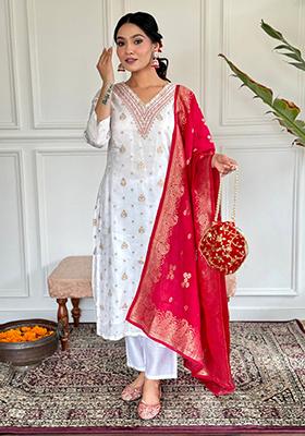 Off White Embroidered Jacquard Kurta Set
