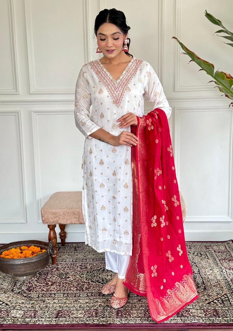 Off White Embroidered Jacquard Kurta Set