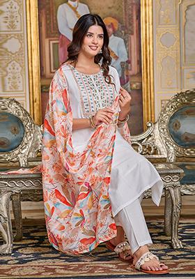 Off White Embroidered Chanderi Kurta Set