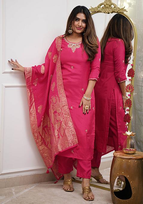 Pink Embroidered Chanderi Kurta Set
