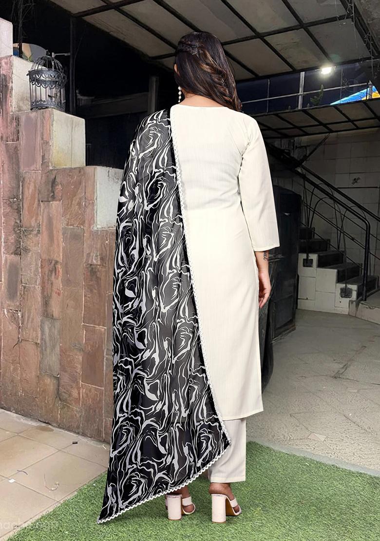 Off White Embroidered Rayon Kurta Set