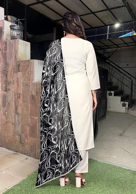 Off White Embroidered Rayon Kurta Set