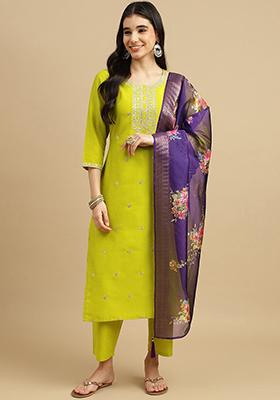 Lemon Green Embroidered Chinon Kurta Set