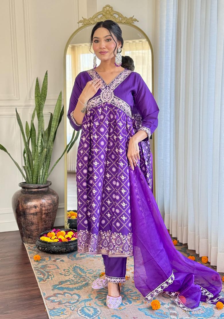 Purple Embroidered Chanderi Kurta Set