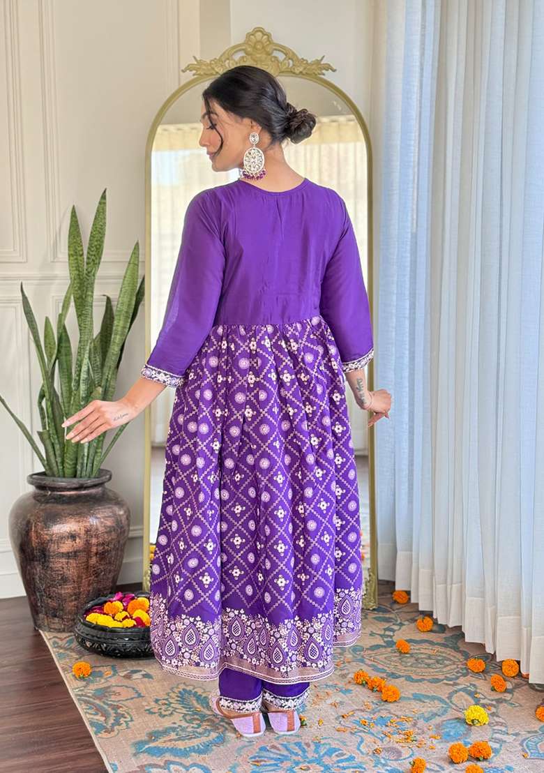 Purple Embroidered Chanderi Straight Kurta Set - Indya