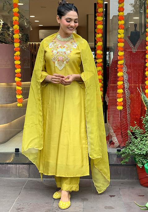 Yellow Embroidered Chanderi Kurta Set