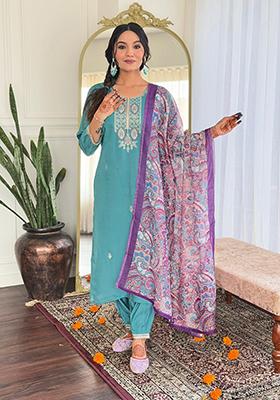 Blue Embroidered Chanderi Kurta Set