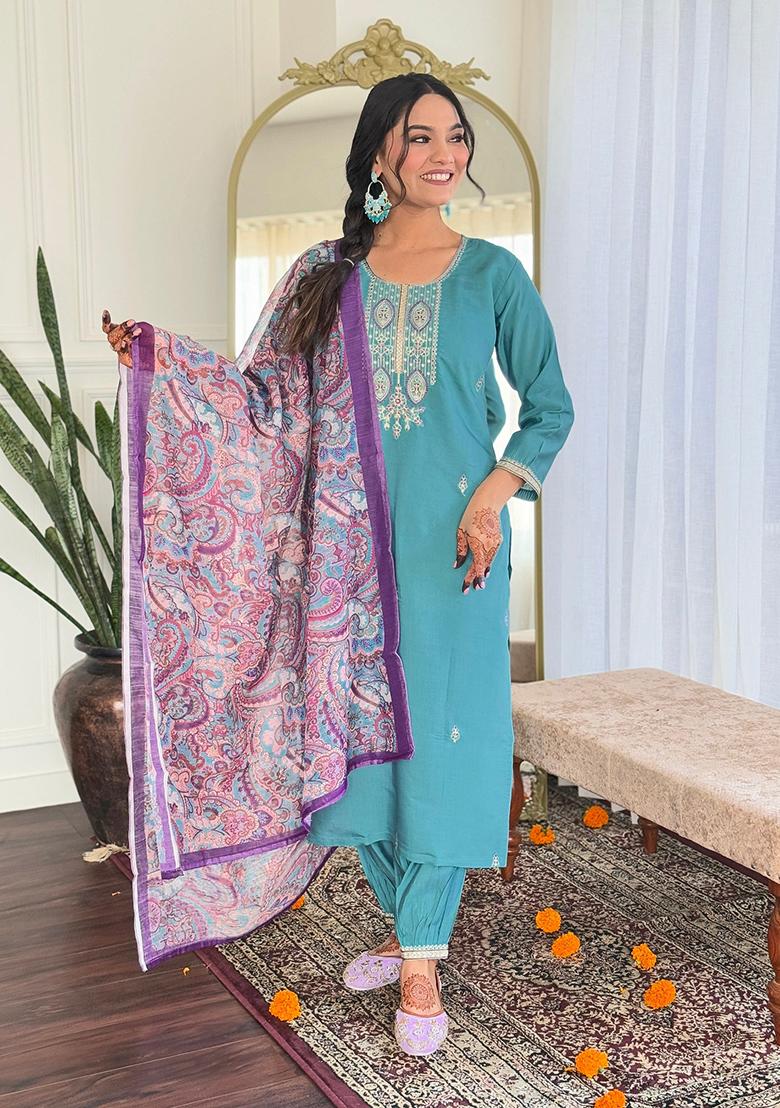 Blue Embroidered Chanderi Kurta Set