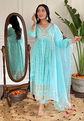 Sky Blue Embroidered Rayon Kurta Set