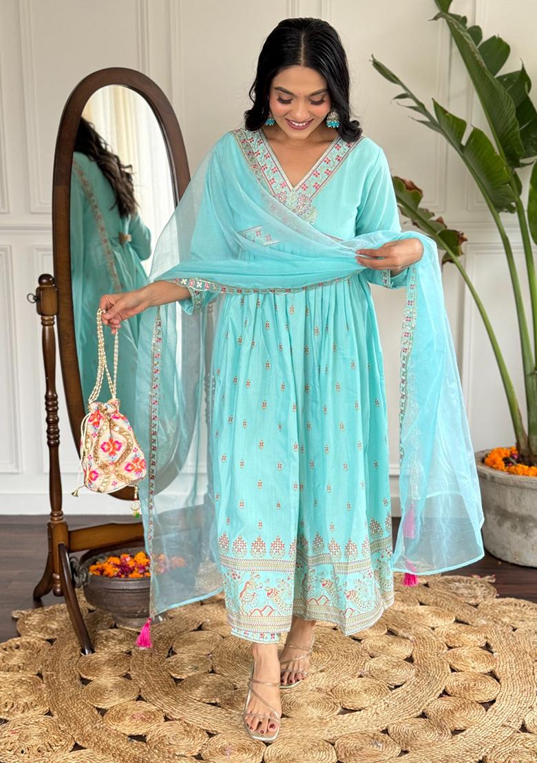 Sky Blue Embroidered Rayon Kurta Set