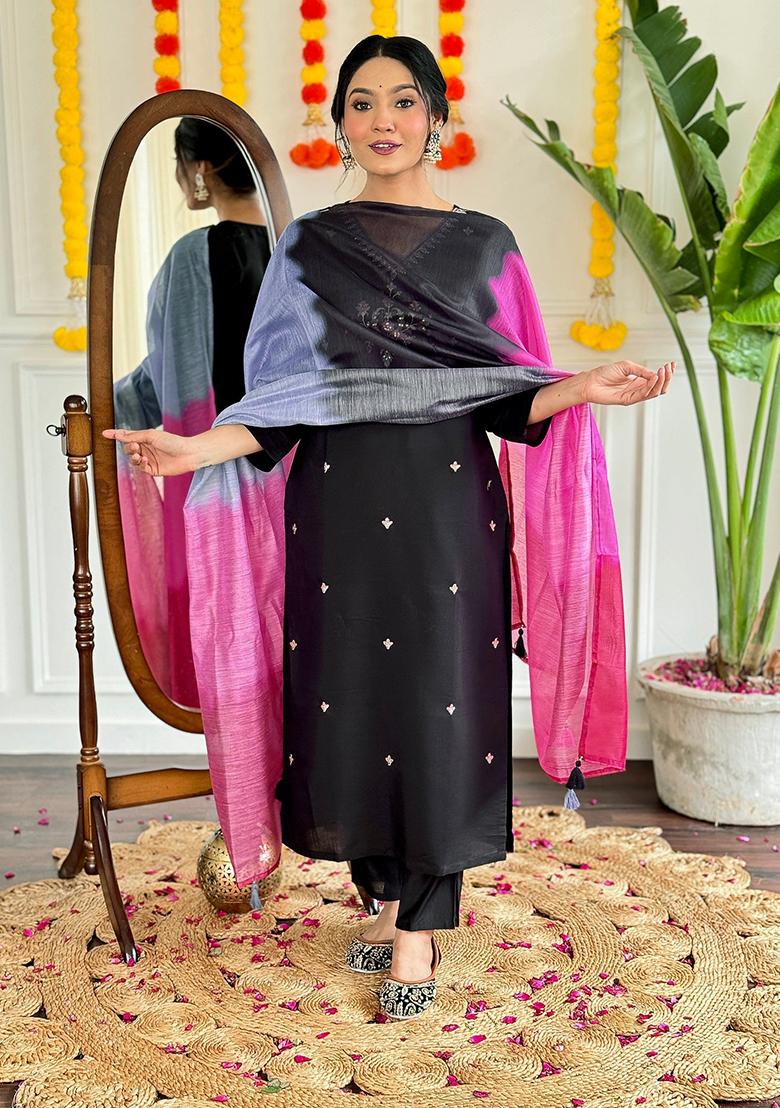 Black Embroidered Chanderi Kurta Set
