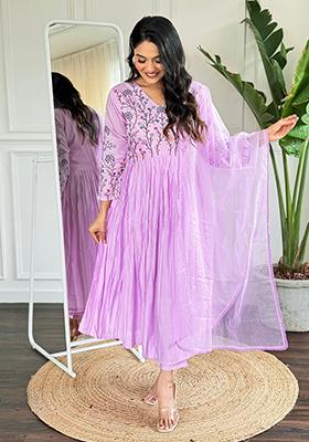 Violet Embroidered Chanderi Kurta Set
