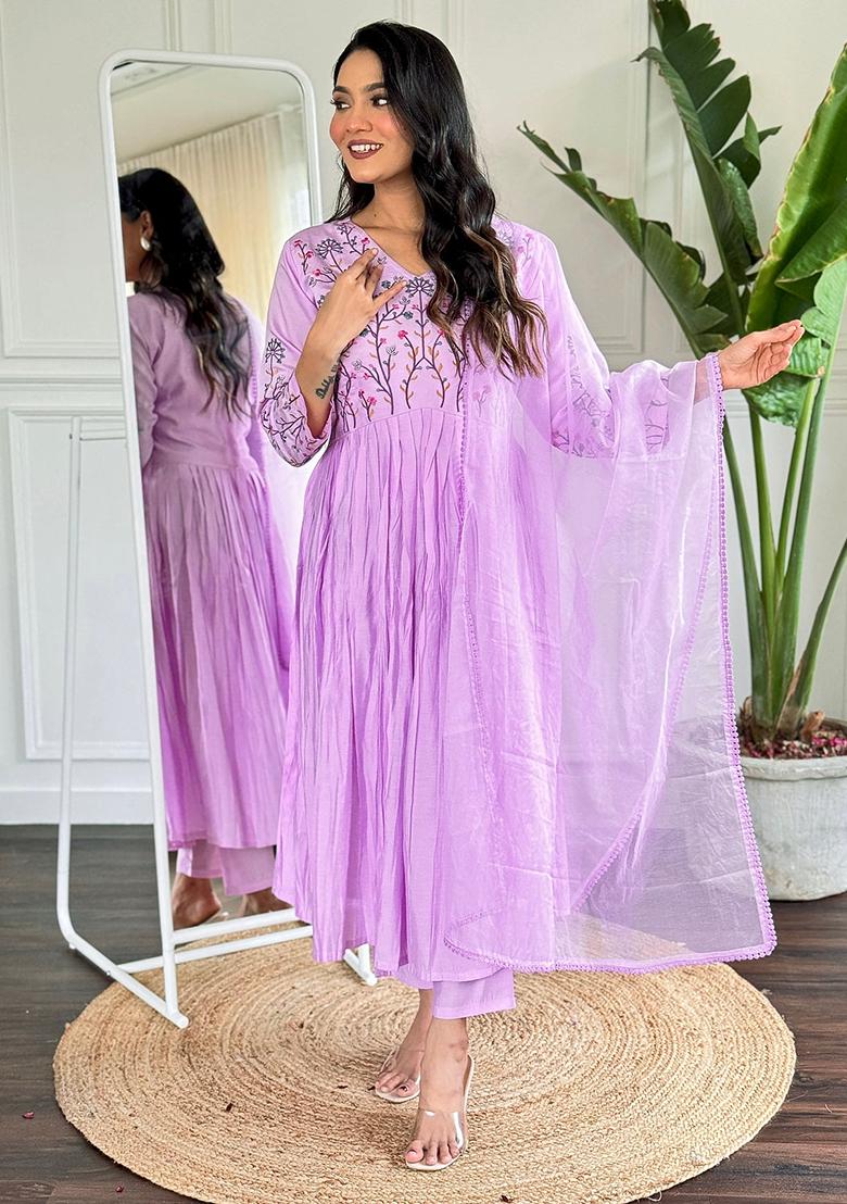 Violet Embroidered Chanderi Kurta Set