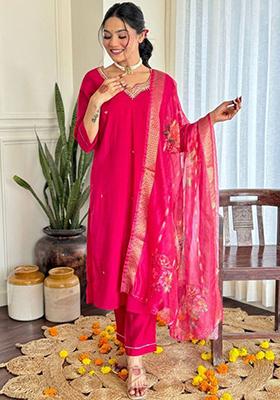 Pink Embroidered Chanderi Kurta Set
