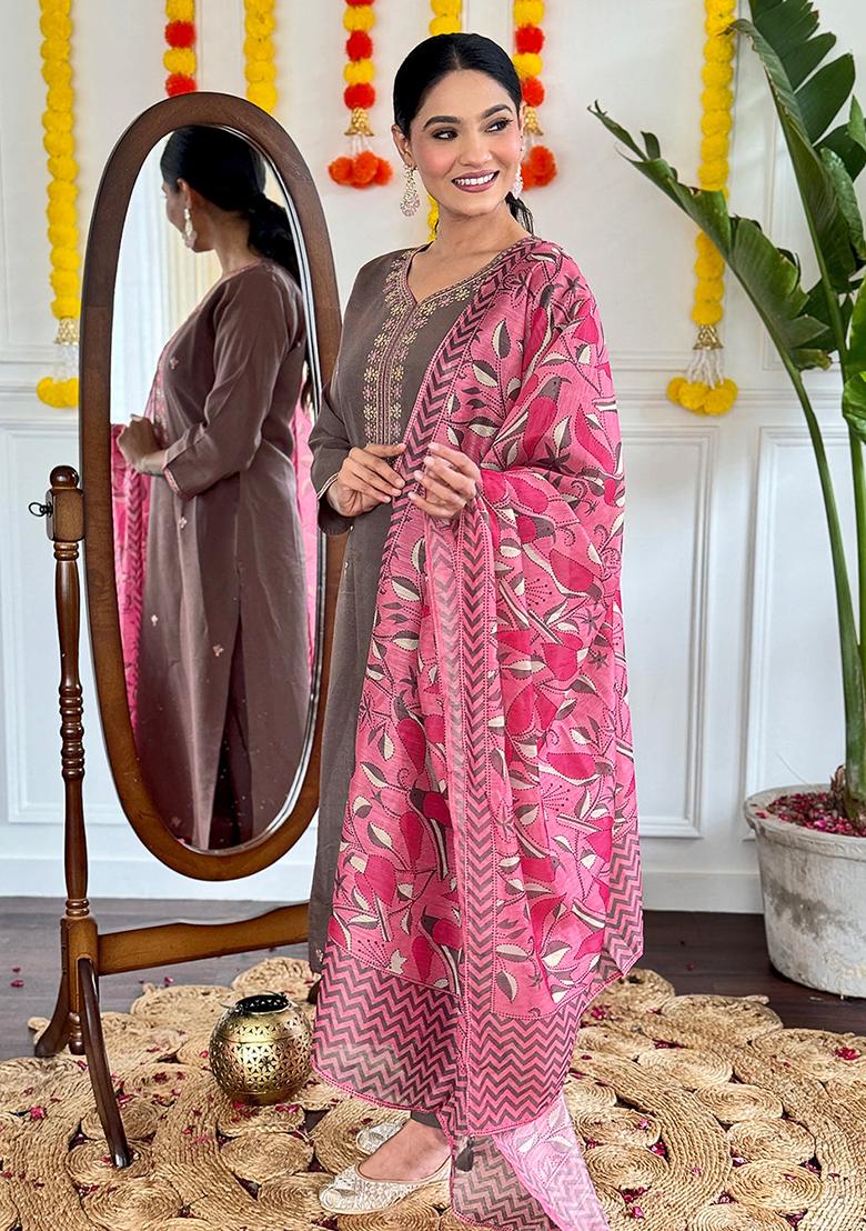 Chiku Brown Embroidered Chanderi Kurta Set
