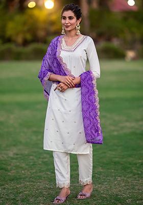 Off White Embroidered Rayon Kurta Set
