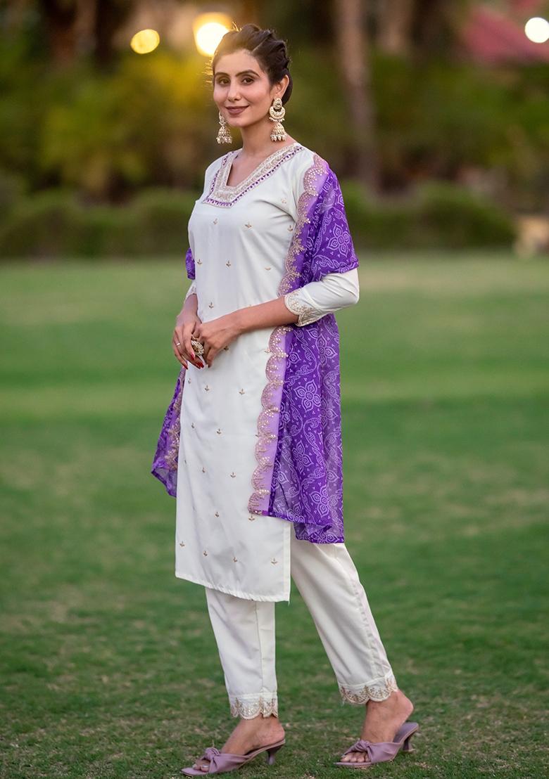 Off White Embroidered Rayon Kurta Set