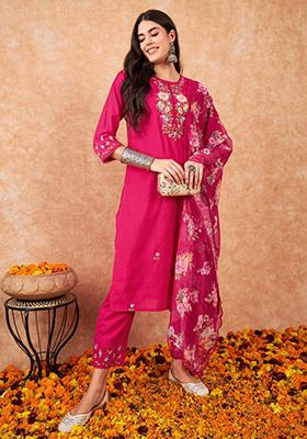 Pink Embroidered Chanderi Kurta Set