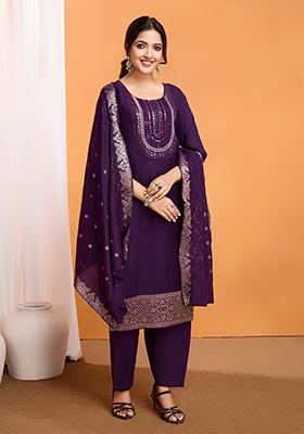 Purple Embroidered Silk Kurta Set