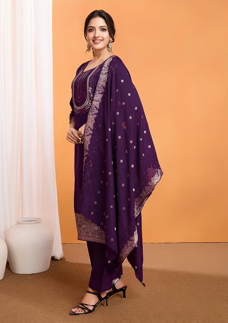 Purple Embroidered Silk Kurta Set