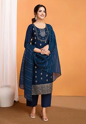 Blue Embroidered Silk Kurta Set