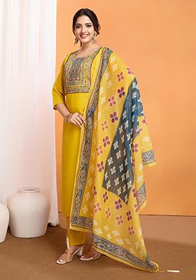 Yellow Embroidered Silk Kurta Set