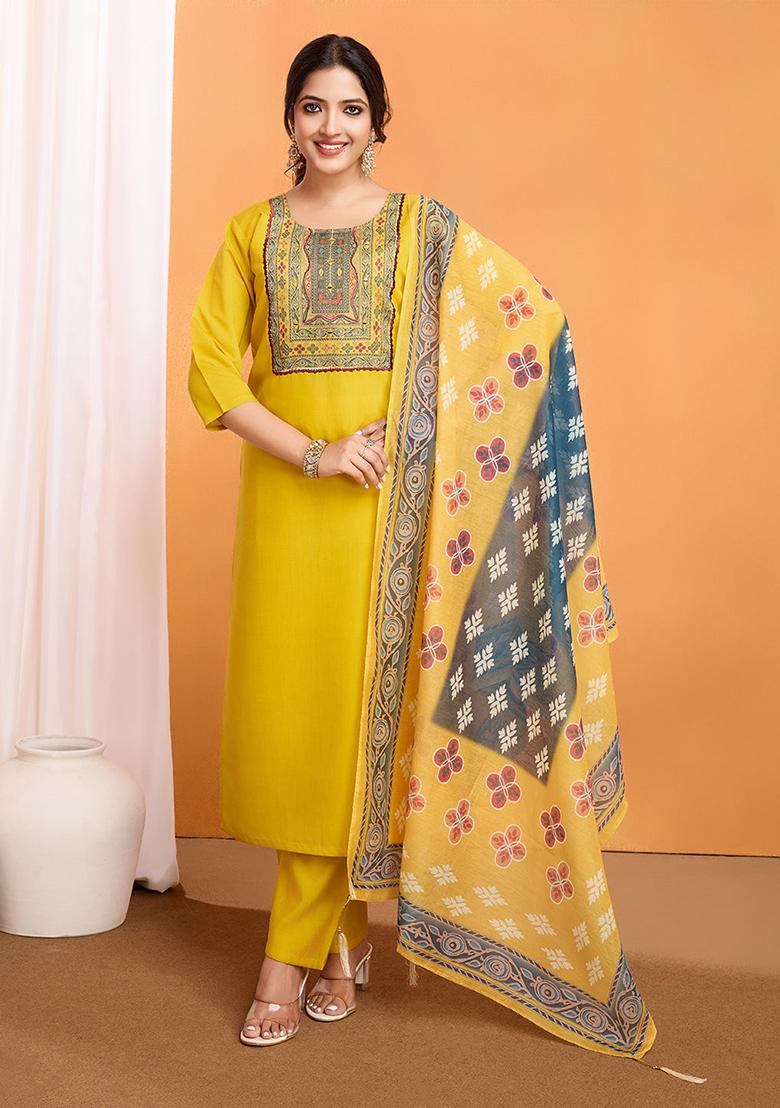 Yellow Embroidered Silk Kurta Set