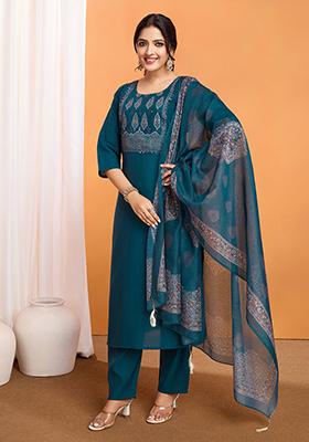 Blue Embroidered Silk Kurta Set
