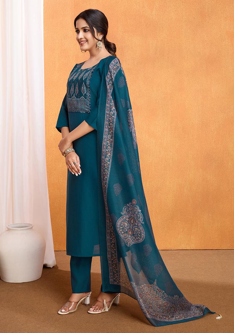 Blue Embroidered Silk Kurta Set