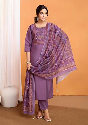 Purple Embroidered Silk Kurta Set