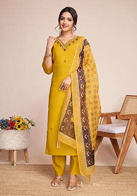Yellow Embroidered Silk Kurta Set