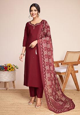Maroon Mirror Work Silk Kurta Set