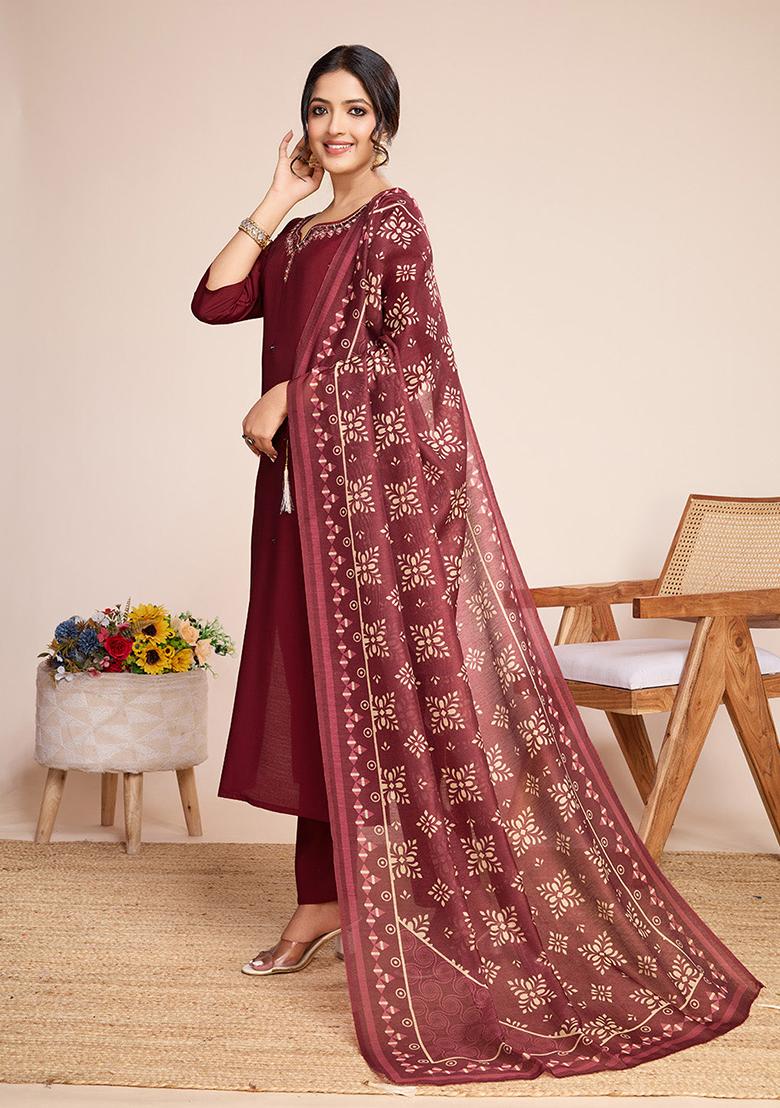 Maroon Mirror Work Silk Kurta Set