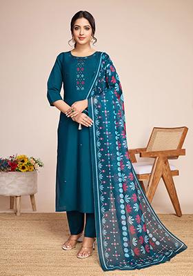 Blue Embroidered Silk Kurta Set