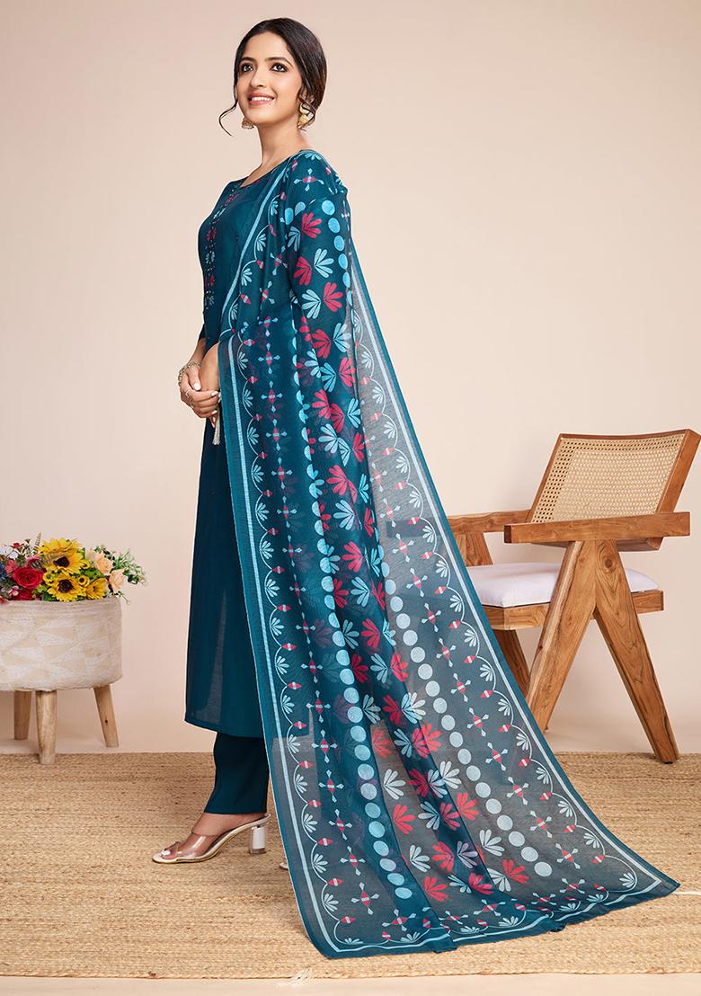 Blue Embroidered Silk Kurta Set