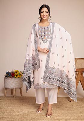 Off White Printed Cotton Kurta Set