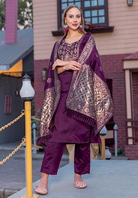 Purple Printed Cotton Kurta Set
