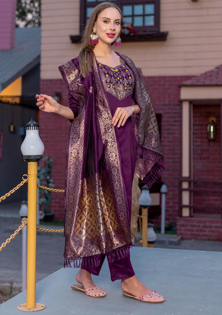 Purple Printed Cotton Kurta Set