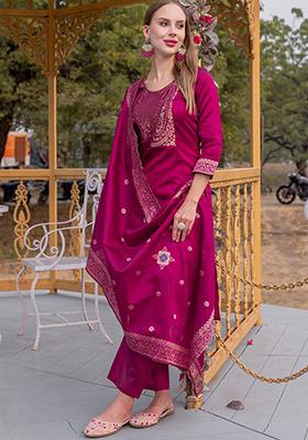 Maroon Printed Cotton Kurta Set